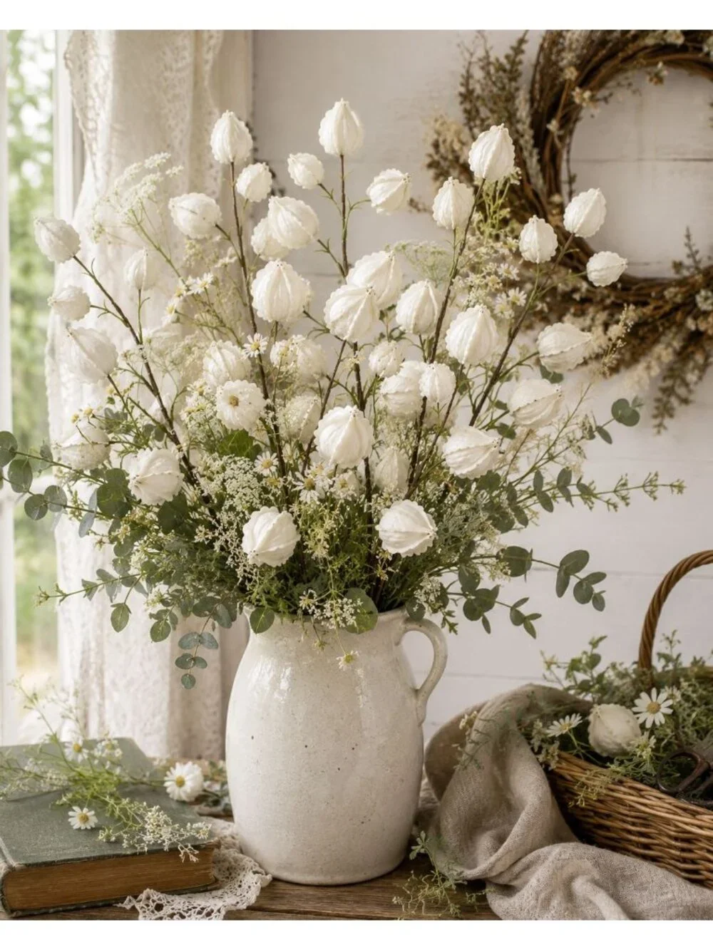 Chinese Lantern Stems White 32 Inch Tall Decorative Botanical Branches Set of 2